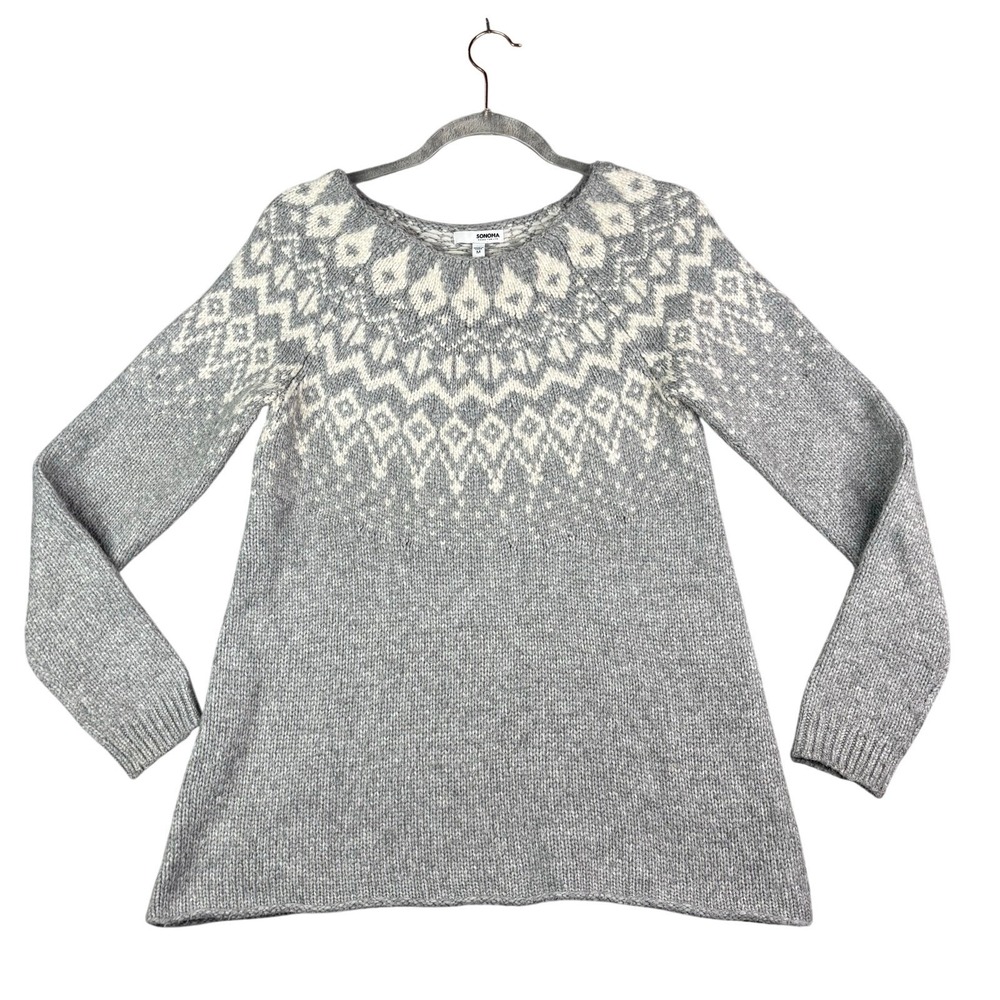 Sonoma Goods For Life Womens‎ Gray Fair Isle Knit Sweater Size Medium Gray White